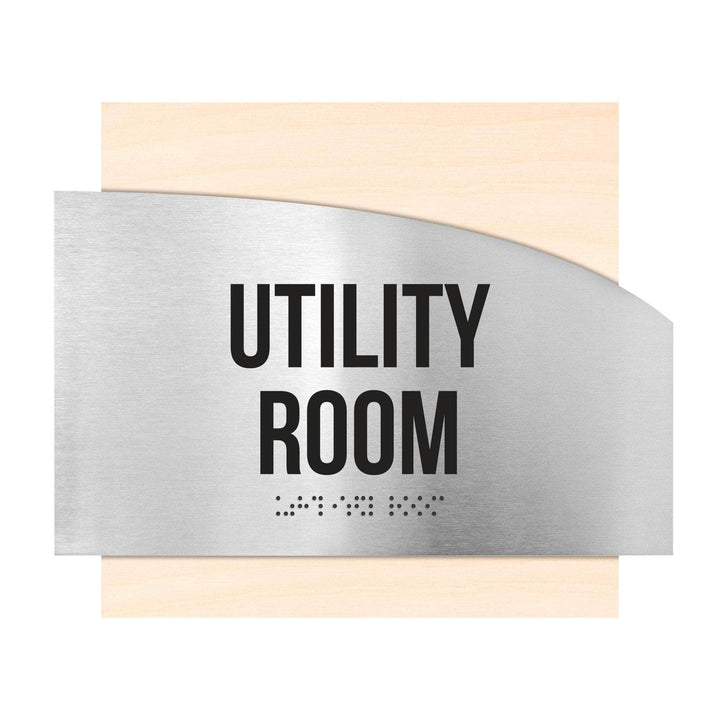 Door Signs Utility Room Sign - Stainless Steel & Wood Plate - "Wave" Design